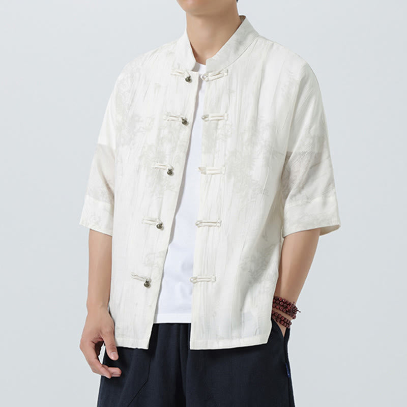 Buddha Stones Camicia da uomo a maniche corte con motivo aghi di pino estivo e bottoni a rana - image 13