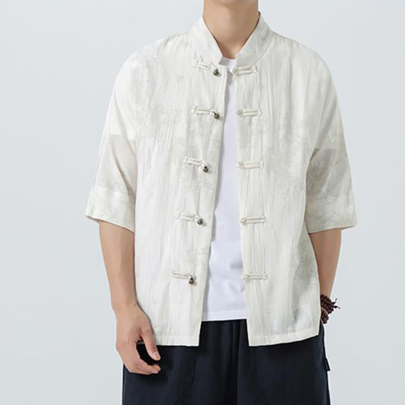 Buddha Stones Camicia da uomo a maniche corte con motivo aghi di pino estivo e bottoni a rana - image 11