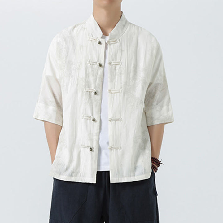 Buddha Stones Camicia da uomo a maniche corte con motivo aghi di pino estivo e bottoni a rana - image 15