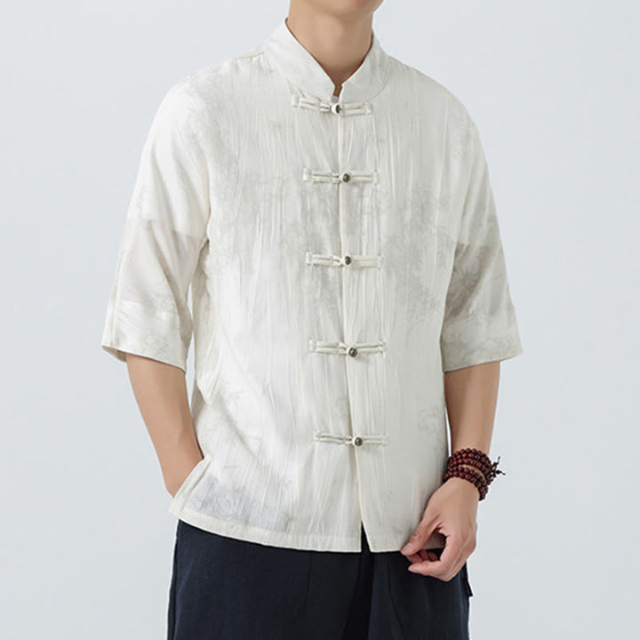 Buddha Stones Camicia da uomo a maniche corte con motivo aghi di pino estivo e bottoni a rana - image 10