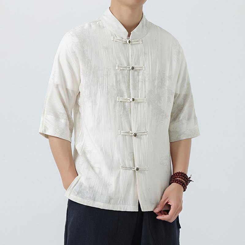 Buddha Stones Camicia da uomo a maniche corte con motivo aghi di pino estivo e bottoni a rana - image 10