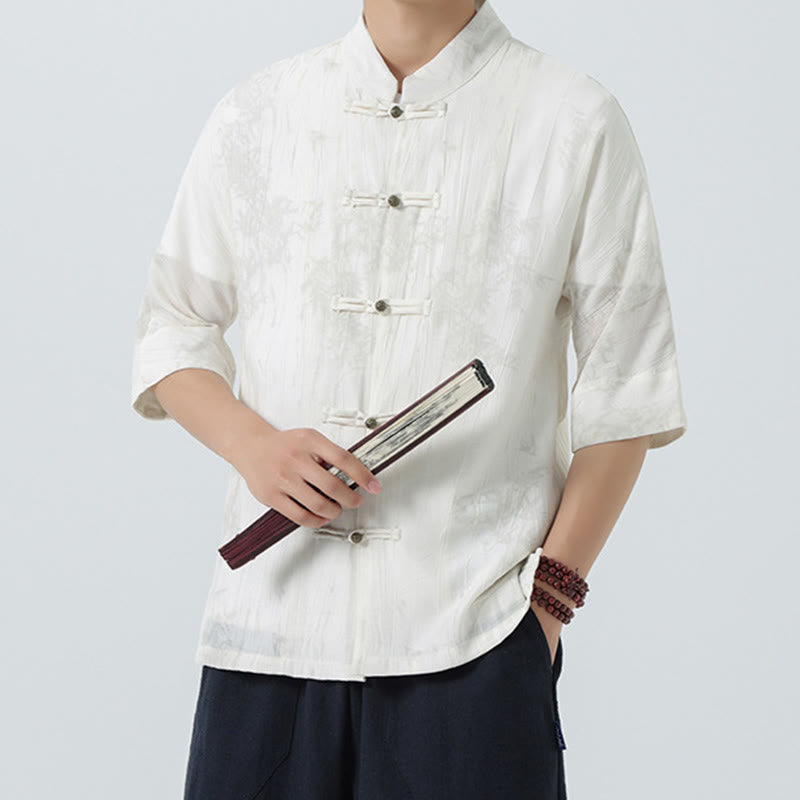 Buddha Stones Camicia da uomo a maniche corte con motivo aghi di pino estivo e bottoni a rana - image 16