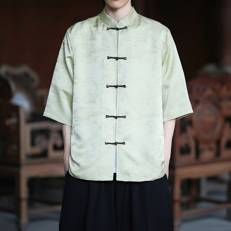 Buddha Stones Camicia da uomo con motivo a rana e bottoni a mezza manica, motivo a pino e montagna estiva - image 1