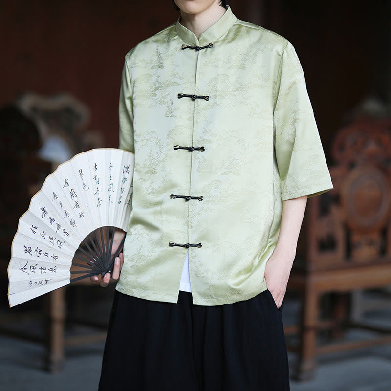 Buddha Stones Camicia da uomo con motivo a rana e bottoni a mezza manica, motivo a pino e montagna estiva - Verde pallido - US/UK/AU46, EU56 (5XL) - image 0