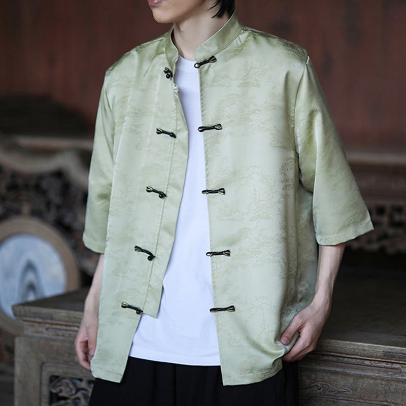 Buddha Stones Camicia da uomo con motivo a rana e bottoni a mezza manica, motivo a pino e montagna estiva - image 3