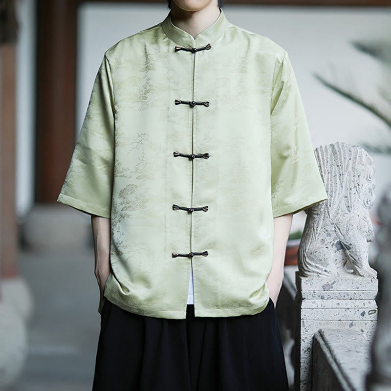 Buddha Stones Camicia da uomo con motivo a rana e bottoni a mezza manica, motivo a pino e montagna estiva - image 4