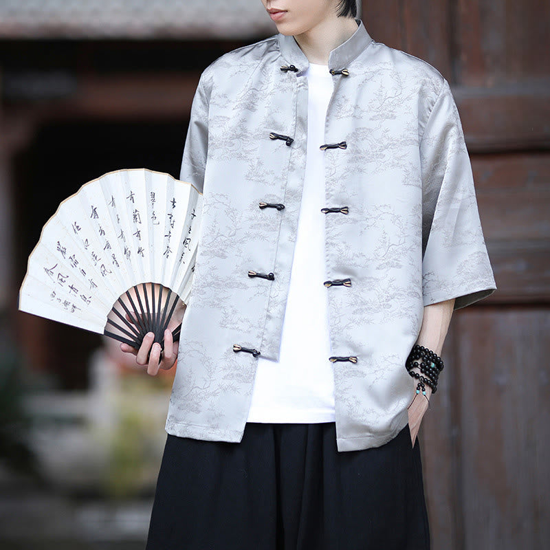 Buddha Stones Camicia da uomo con motivo a rana e bottoni a mezza manica, motivo a pino e montagna estiva - image 8