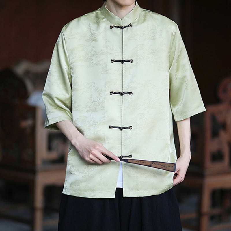 Buddha Stones Camicia da uomo con motivo a rana e bottoni a mezza manica, motivo a pino e montagna estiva - image 2