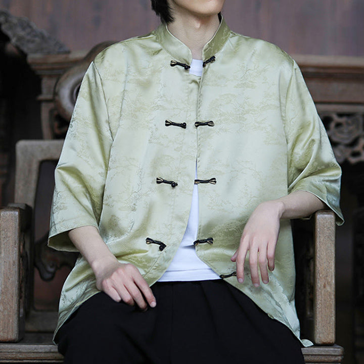 Buddha Stones Camicia da uomo con motivo a rana e bottoni a mezza manica, motivo a pino e montagna estiva - image 6