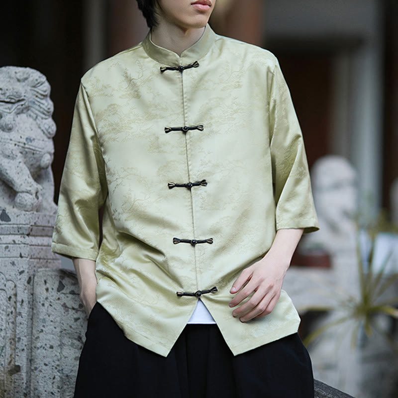 Buddha Stones Camicia da uomo con motivo a rana e bottoni a mezza manica, motivo a pino e montagna estiva - image 5