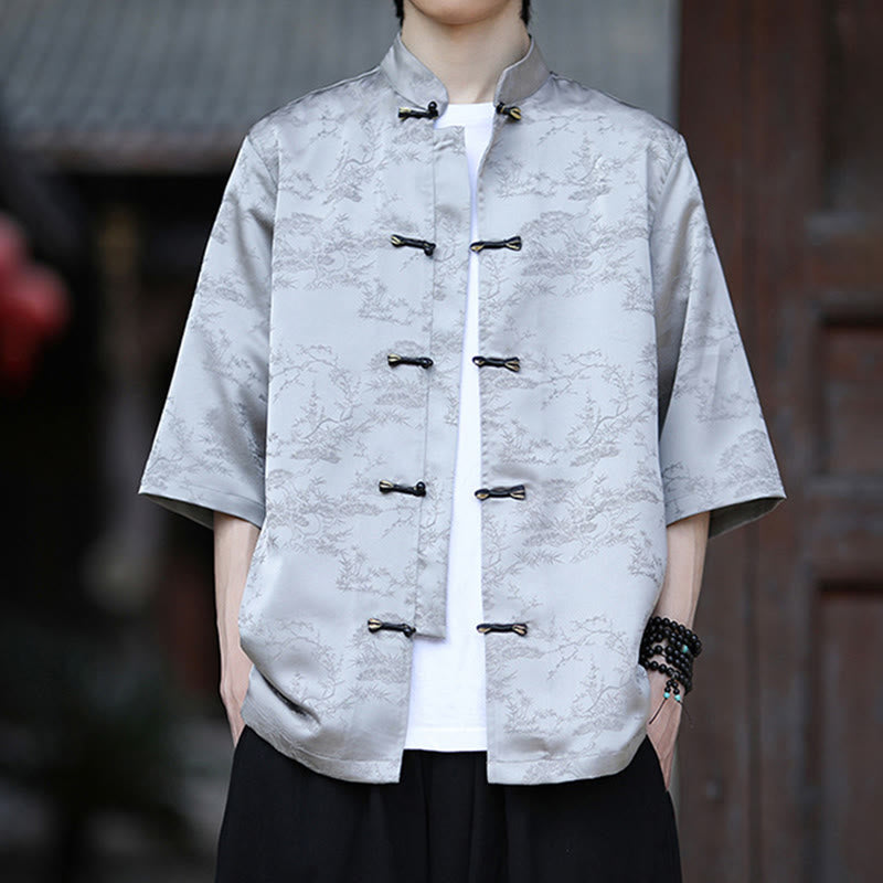 Buddha Stones Camicia da uomo con motivo a rana e bottoni a mezza manica, motivo a pino e montagna estiva - image 9