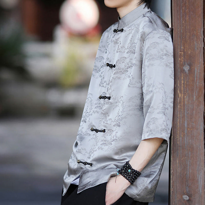 Buddha Stones Camicia da uomo con motivo a rana e bottoni a mezza manica, motivo a pino e montagna estiva - image 14