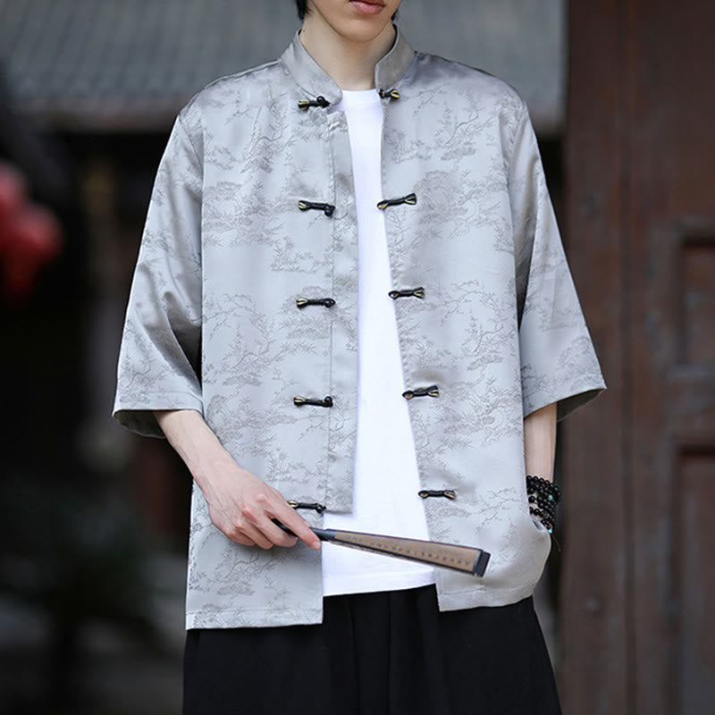 Buddha Stones Camicia da uomo con motivo a rana e bottoni a mezza manica, motivo a pino e montagna estiva - image 10