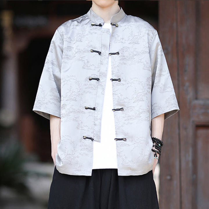 Buddha Stones Camicia da uomo con motivo a rana e bottoni a mezza manica, motivo a pino e montagna estiva - image 13