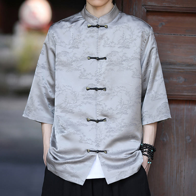 Buddha Stones Camicia da uomo con motivo a rana e bottoni a mezza manica, motivo a pino e montagna estiva - image 11