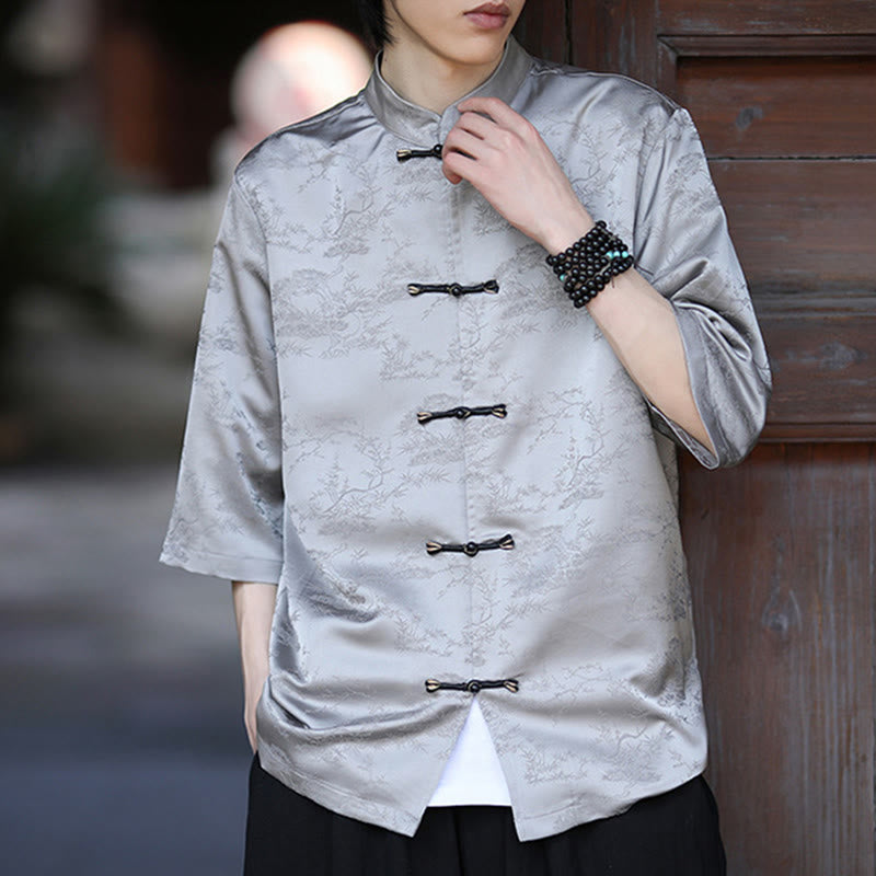 Buddha Stones Camicia da uomo con motivo a rana e bottoni a mezza manica, motivo a pino e montagna estiva - image 12