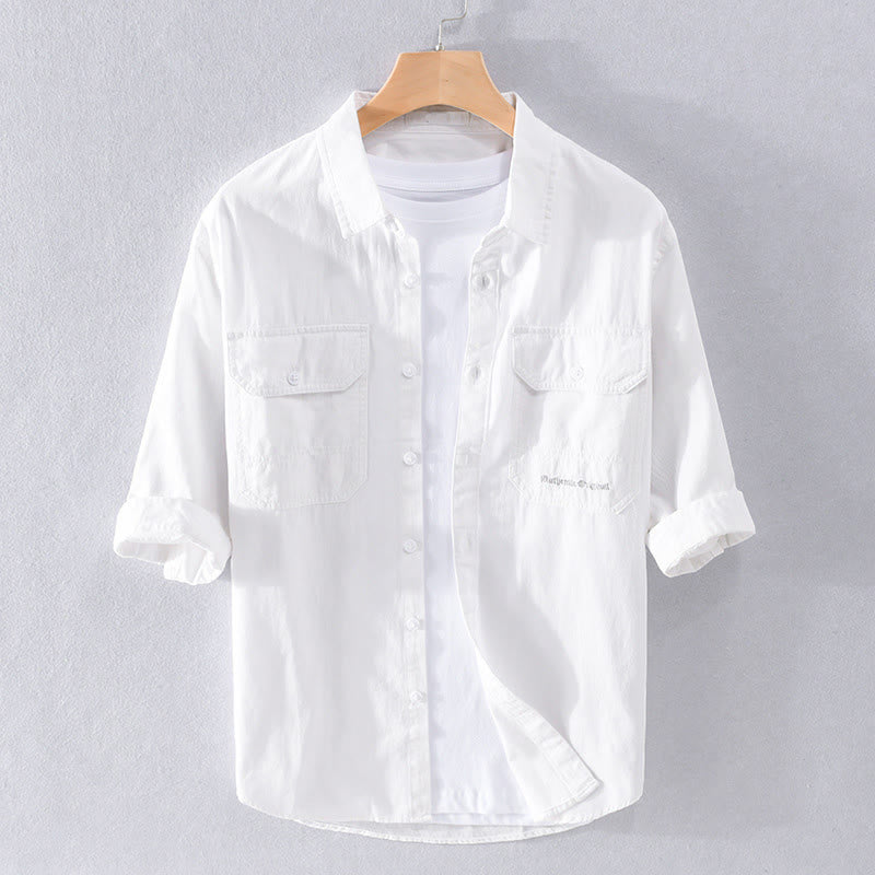 Buddha Stones Camicia estiva da uomo in cotone a maniche corte con bottoni e due tasche decorative - Bianco - US/UK/AU40, EU50 (3XL) - image 12