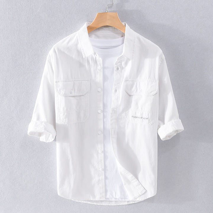 Buddha Stones Camicia estiva da uomo in cotone a maniche corte con bottoni e due tasche decorative - Bianco - US/UK/AU40, EU50 (3XL) - image 12