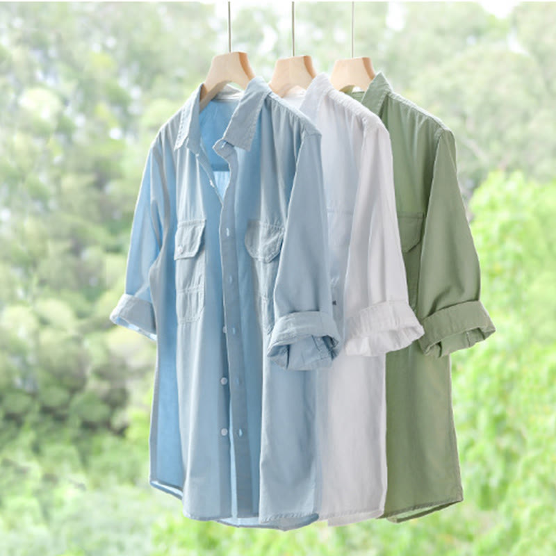 Buddha Stones Camicia estiva da uomo in cotone a maniche corte con bottoni e due tasche decorative - image 22