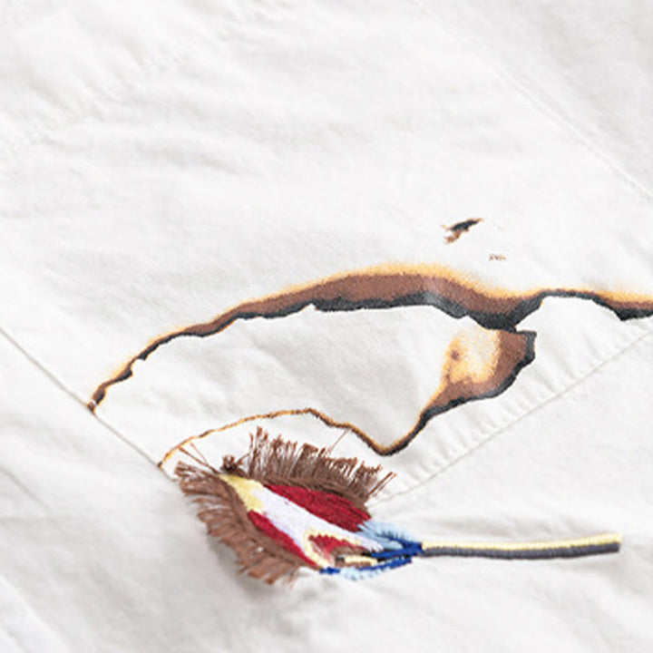 Buddha Stones Camicia estiva da uomo in cotone a maniche corte con ricamo di uccelli e bottoni decorativi - image 6