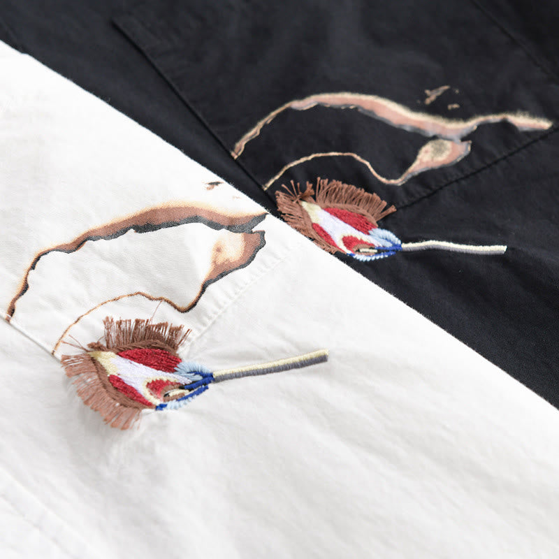 Buddha Stones Camicia estiva da uomo in cotone a maniche corte con ricamo di uccelli e bottoni decorativi - image 16