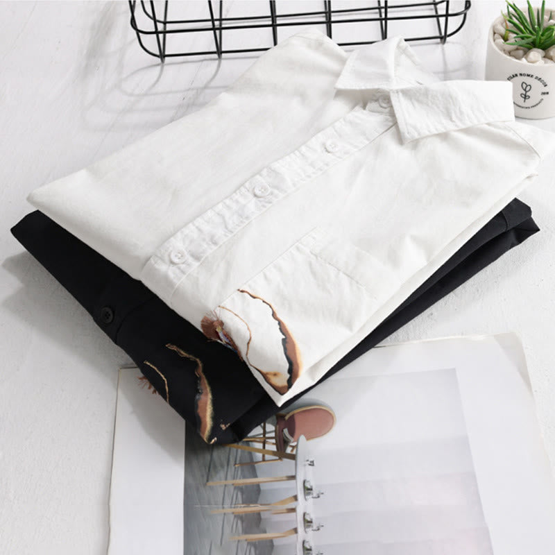 Buddha Stones Camicia estiva da uomo in cotone a maniche corte con ricamo di uccelli e bottoni decorativi - image 14