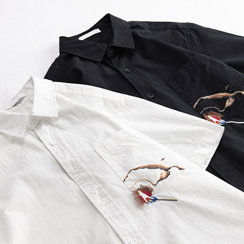 Buddha Stones Camicia estiva da uomo in cotone a maniche corte con ricamo di uccelli e bottoni decorativi - image 15