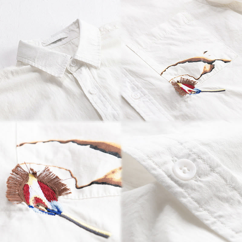 Buddha Stones Camicia estiva da uomo in cotone a maniche corte con ricamo di uccelli e bottoni decorativi - image 2