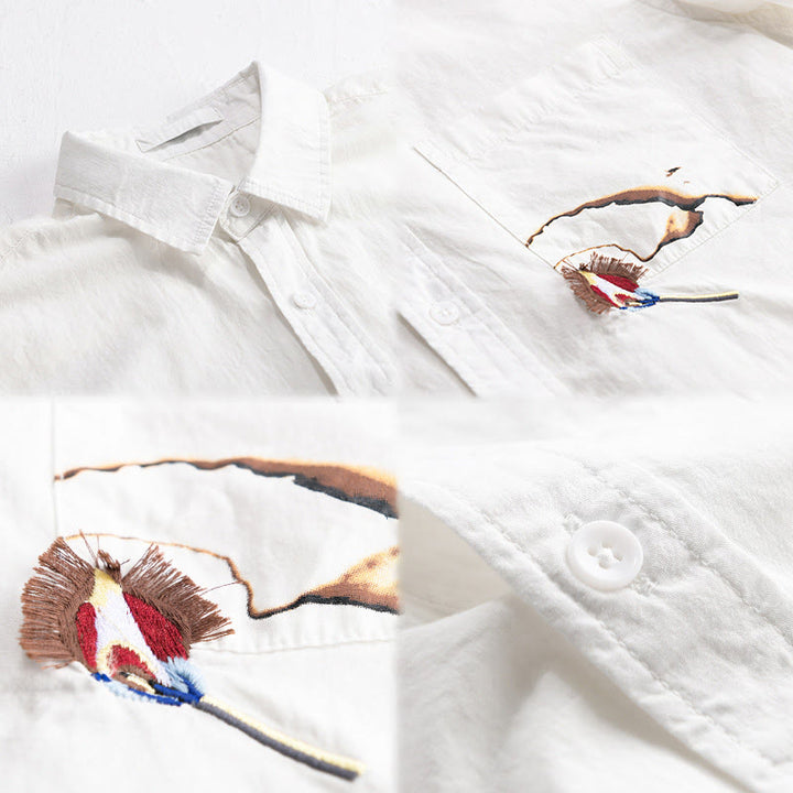 Buddha Stones Camicia estiva da uomo in cotone a maniche corte con ricamo di uccelli e bottoni decorativi - image 2