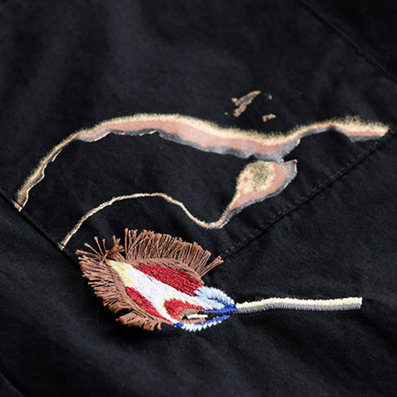 Buddha Stones Camicia estiva da uomo in cotone a maniche corte con ricamo di uccelli e bottoni decorativi - image 13