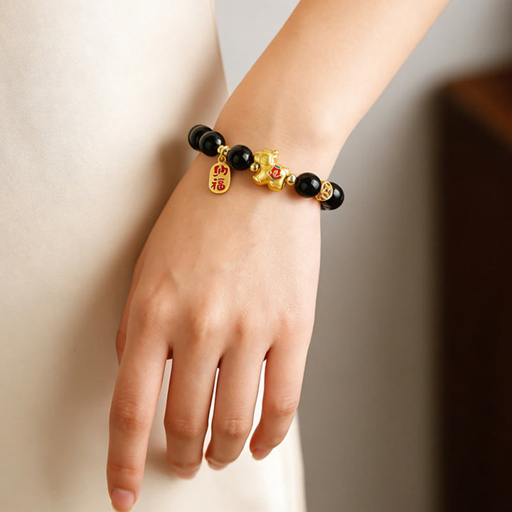Buddha Stones Braccialetto della forza dell'anno del cavallo in ossidiana nera - image 3