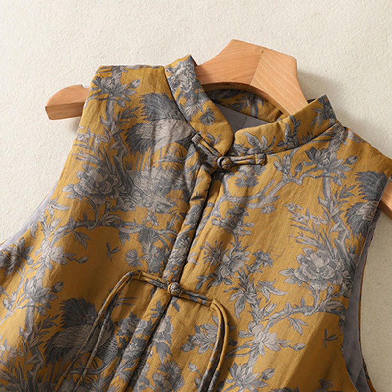 Buddha Stones Gilet senza maniche da donna in cotone con motivo a bottoni e rami di gru e fiori - image 4