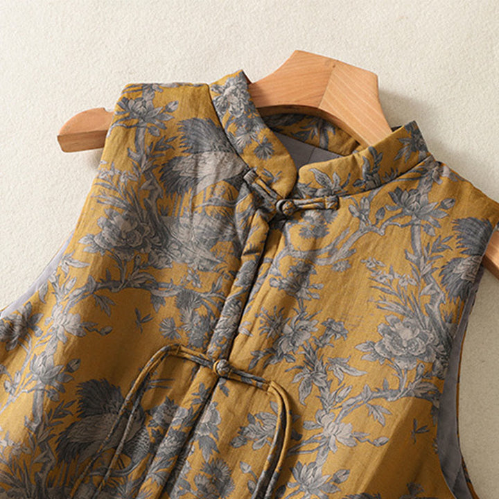 Buddha Stones Gilet senza maniche da donna in cotone con motivo a bottoni e rami di gru e fiori - image 4