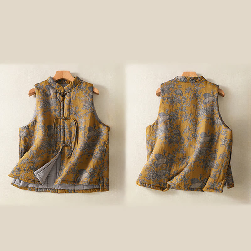 Buddha Stones Gilet senza maniche da donna in cotone con motivo a bottoni e rami di gru e fiori - image 3