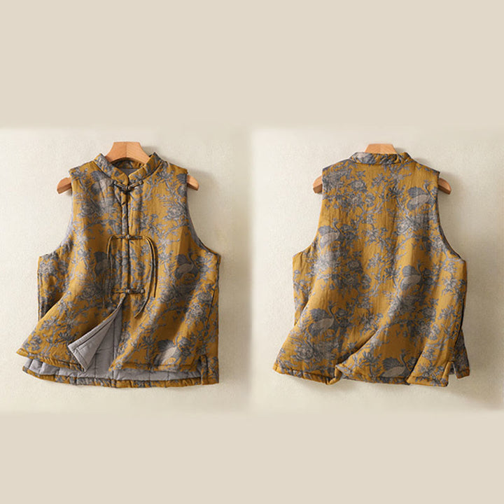 Buddha Stones Gilet senza maniche da donna in cotone con motivo a bottoni e rami di gru e fiori - image 3