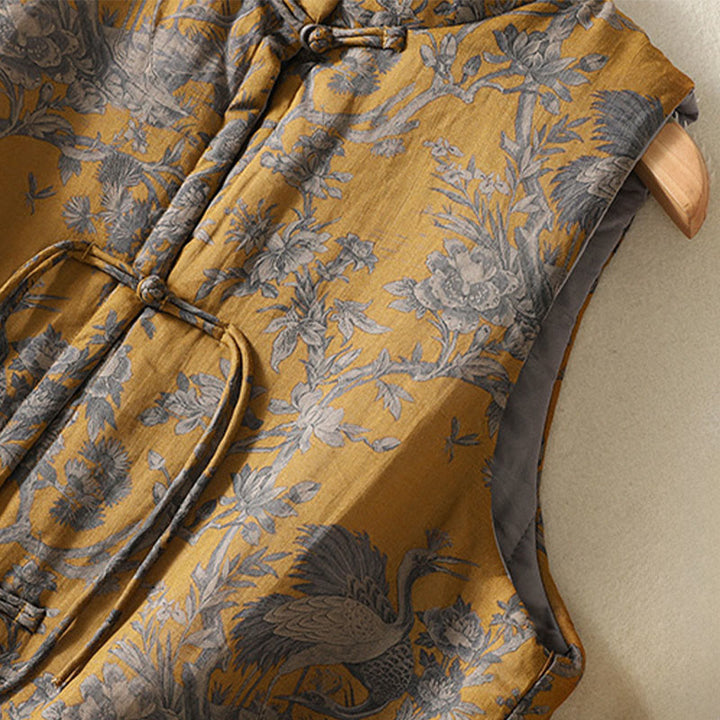 Buddha Stones Gilet senza maniche da donna in cotone con motivo a bottoni e rami di gru e fiori - image 7