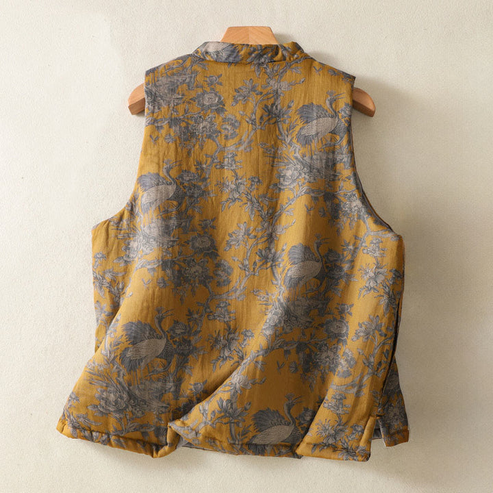 Buddha Stones Gilet senza maniche da donna in cotone con motivo a bottoni e rami di gru e fiori - image 1