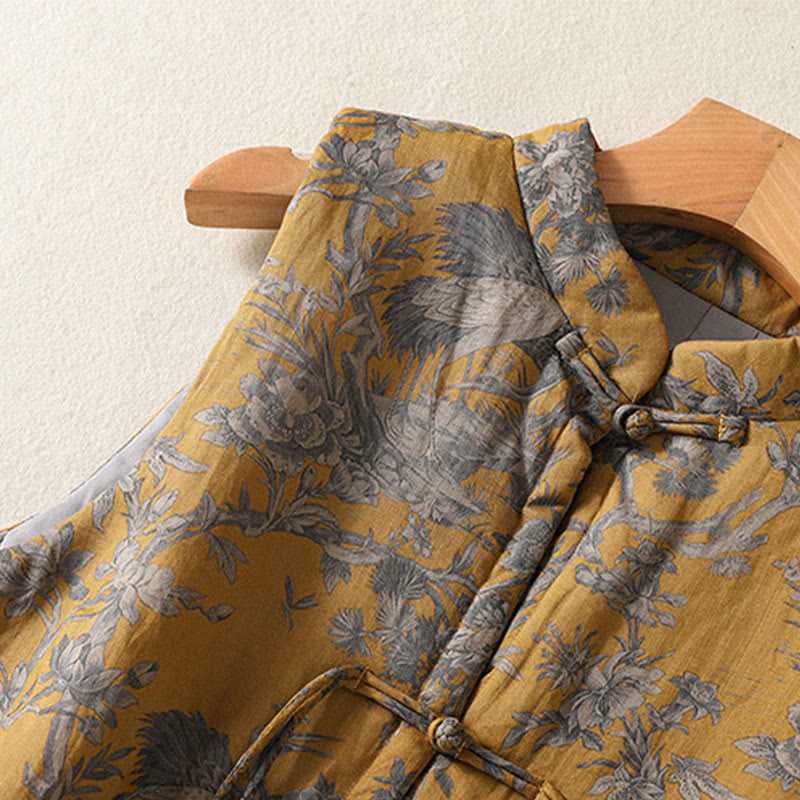 Buddha Stones Gilet senza maniche da donna in cotone con motivo a bottoni e rami di gru e fiori - image 6