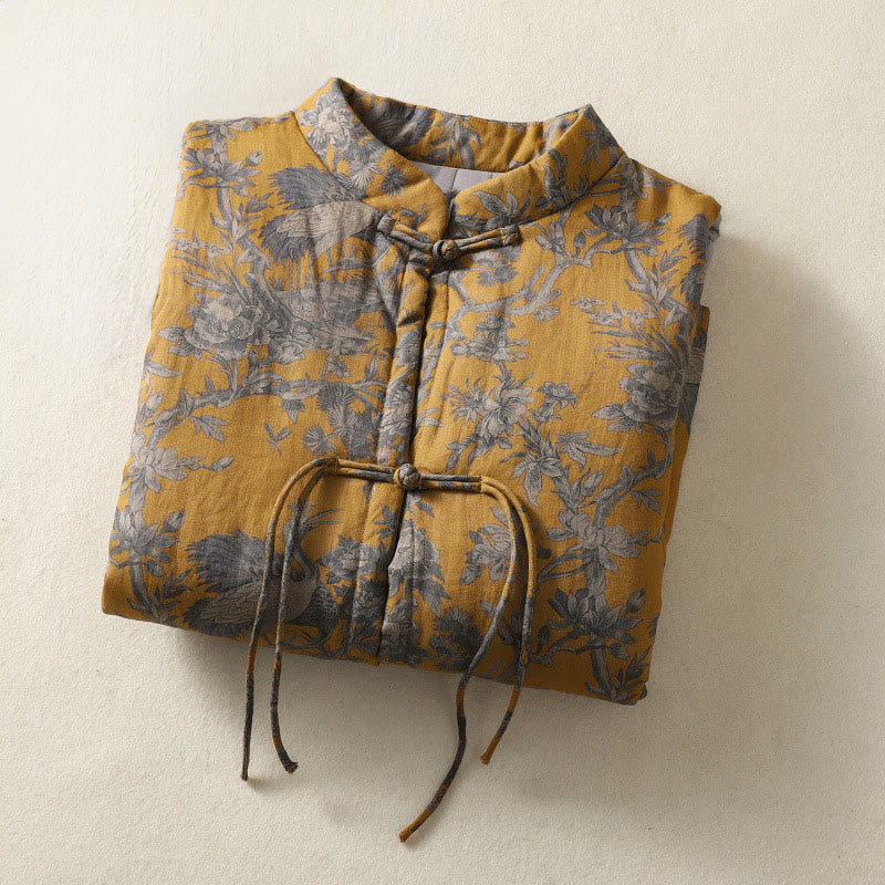 Buddha Stones Gilet senza maniche da donna in cotone con motivo a bottoni e rami di gru e fiori - image 2