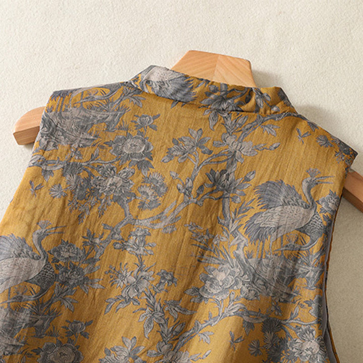 Buddha Stones Gilet senza maniche da donna in cotone con motivo a bottoni e rami di gru e fiori - image 5