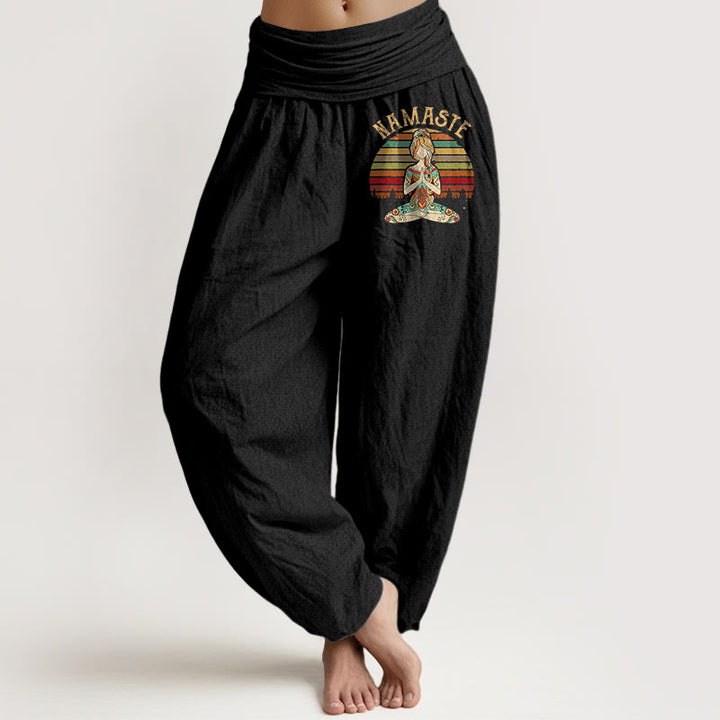 Buddha Stones Pantaloni harem da donna in puro cotone con motivo a strisce colorate e figura di meditazione del loto Namaste - Nero - US16, UK/AU20, EU48 (3XL) - image 0