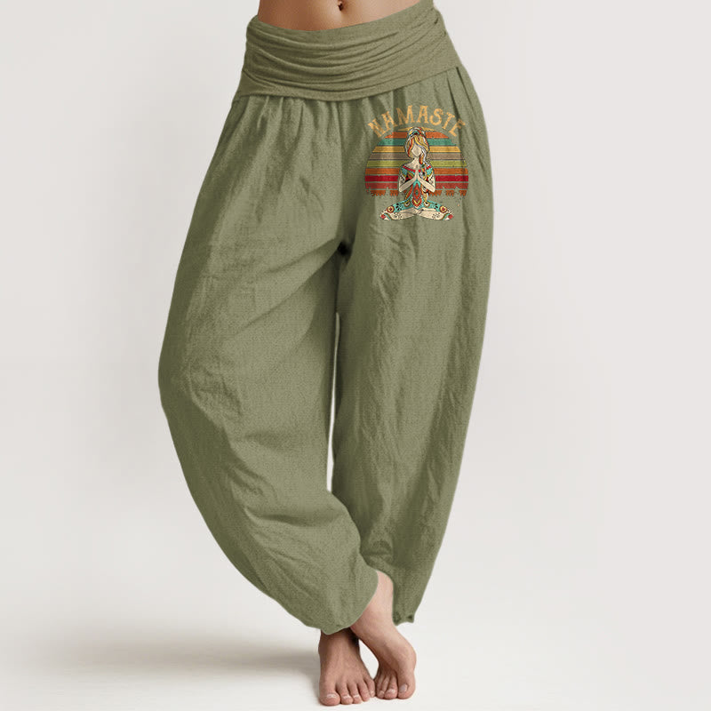 Buddha Stones Pantaloni harem da donna in puro cotone con motivo a strisce colorate e figura di meditazione del loto Namaste - Verde oliva - US16, UK/AU20, EU48 (3XL) - image 14