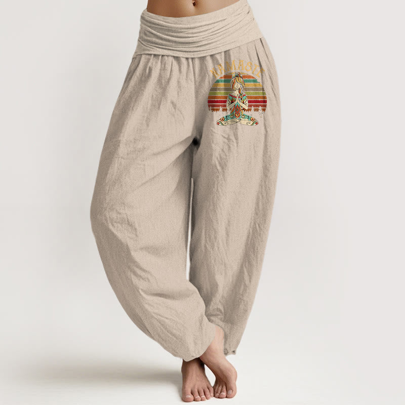 Buddha Stones Pantaloni harem da donna in puro cotone con motivo a strisce colorate e figura di meditazione del loto Namaste - Abbronzatura - US16, UK/AU20, EU48 (3XL) - image 11