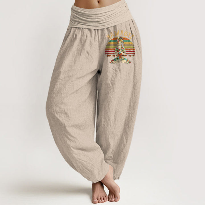 Buddha Stones Pantaloni harem da donna in puro cotone con motivo a strisce colorate e figura di meditazione del loto Namaste - Abbronzatura - US16, UK/AU20, EU48 (3XL) - image 11