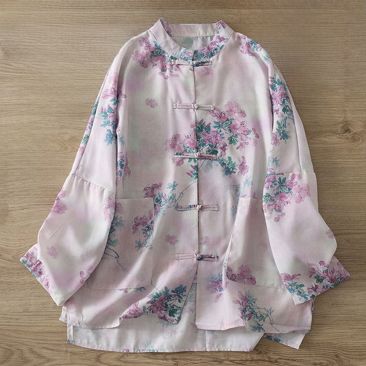 Buddha Stones Camicia da donna in cotone a maniche lunghe con stampa floreale viola autunnale e foglie verdi, bottoni a rana e colletto rialzato - LavandaBlush - US14, UK/AU18, EU46 (2XL) - image 0