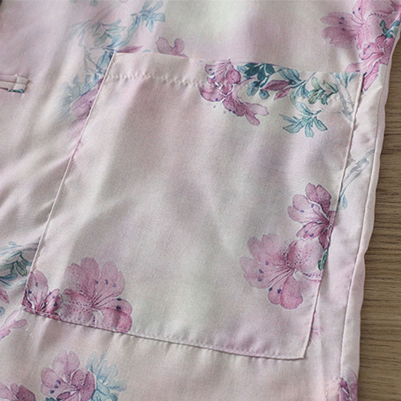 Buddha Stones Camicia da donna in cotone a maniche lunghe con stampa floreale viola autunnale e foglie verdi, bottoni a rana e colletto rialzato - image 6