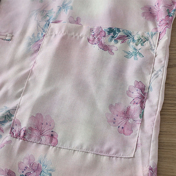 Buddha Stones Camicia da donna in cotone a maniche lunghe con stampa floreale viola autunnale e foglie verdi, bottoni a rana e colletto rialzato - image 6