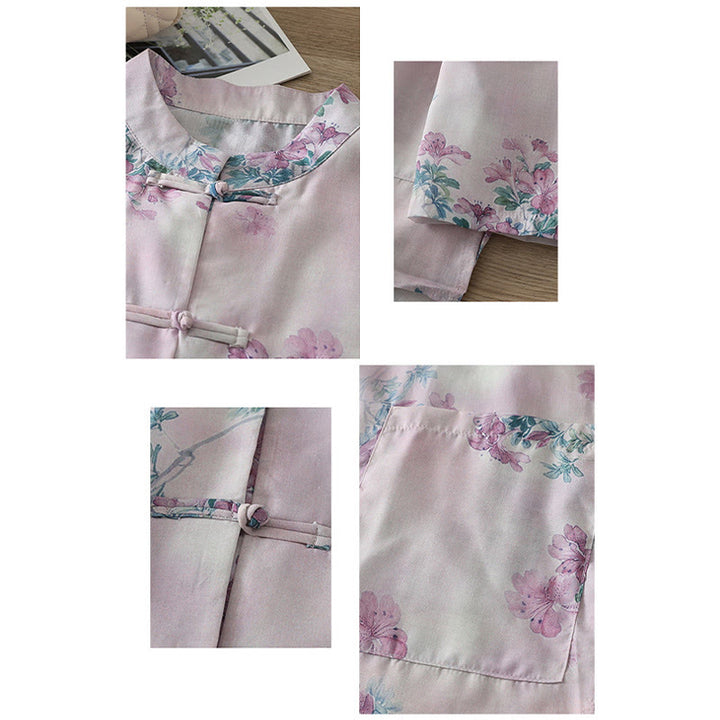 Buddha Stones Camicia da donna in cotone a maniche lunghe con stampa floreale viola autunnale e foglie verdi, bottoni a rana e colletto rialzato - image 2