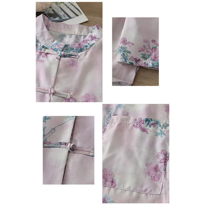 Buddha Stones Camicia da donna in cotone a maniche lunghe con stampa floreale viola autunnale e foglie verdi, bottoni a rana e colletto rialzato - image 2