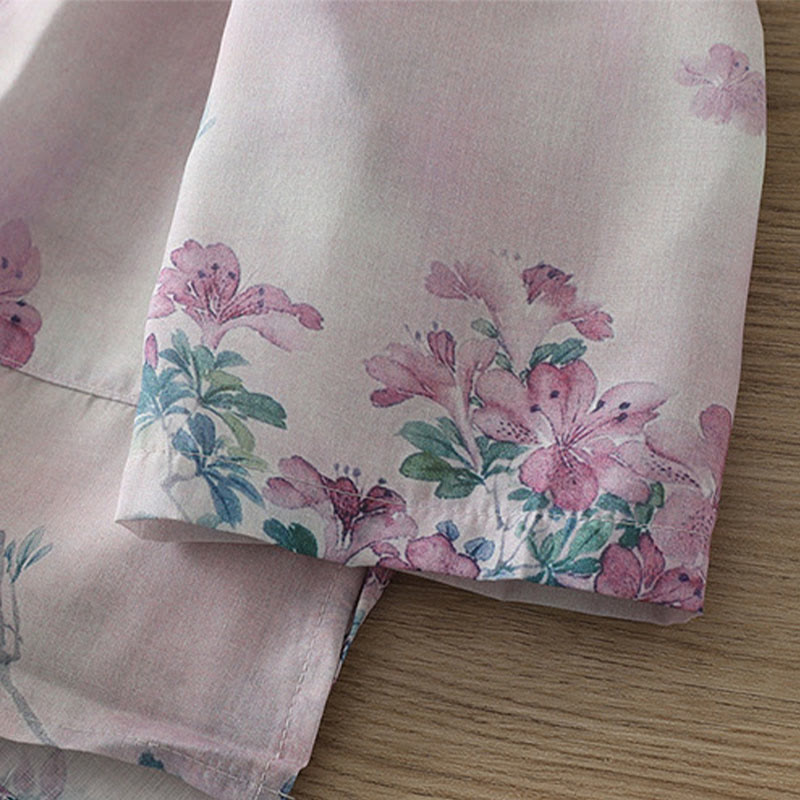 Buddha Stones Camicia da donna in cotone a maniche lunghe con stampa floreale viola autunnale e foglie verdi, bottoni a rana e colletto rialzato - image 9